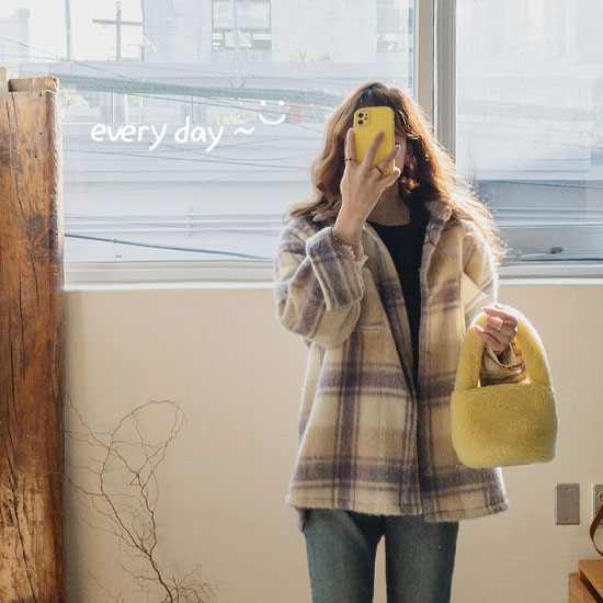 【特価30% ★限定数量】キャラメルパープル 送り送り ウールチェック<FONT color=#d8a4a4>シャツ[size:F(55～77)]</font>