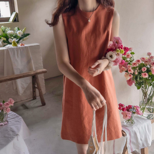 [LABEL] ジュリーアンヌ サマーオレンジ リネン エッジフィット ワンピース[size:F(55～66)]