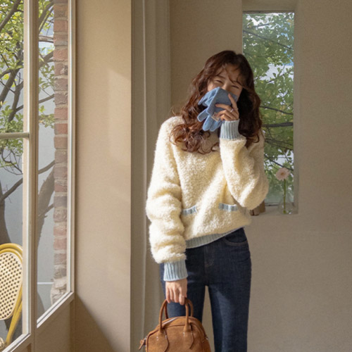 [特価20%★限定数量][ソフトブックル][LABEL] モモ可愛いドトムブクル配色ニット[size:F(55～66)]