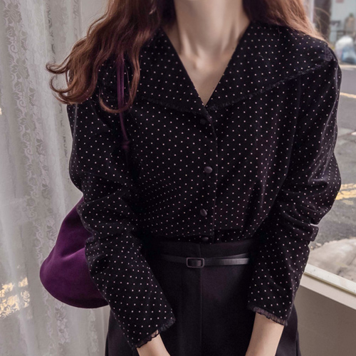 [LABEL] カンタベルズ シャーリング配色 ラブリドット アンカラ コーデュロイ ブラウス [size:F,1]