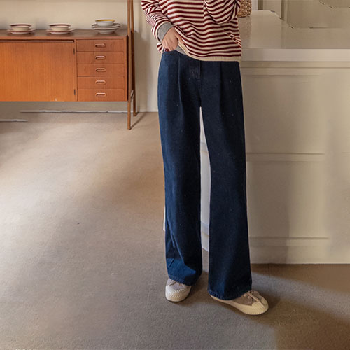 [隆起毛で紐♨]ベネルピンタックワイドバンディングデニムパンツ[size:S,M,L]