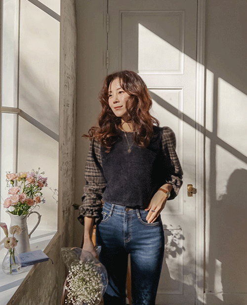 [特価15% ★限定数量][アウターの中にシュート！][LABEL] 美乳チェック袖配色 ブラウス [size:F,1]