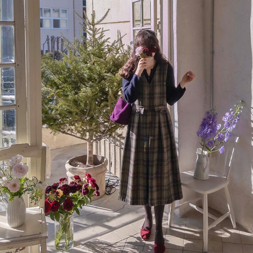 [LABEL] アンハイドラブリー起毛チェック シワシワ エレガントなウールワンピース [size:F(55～66)]