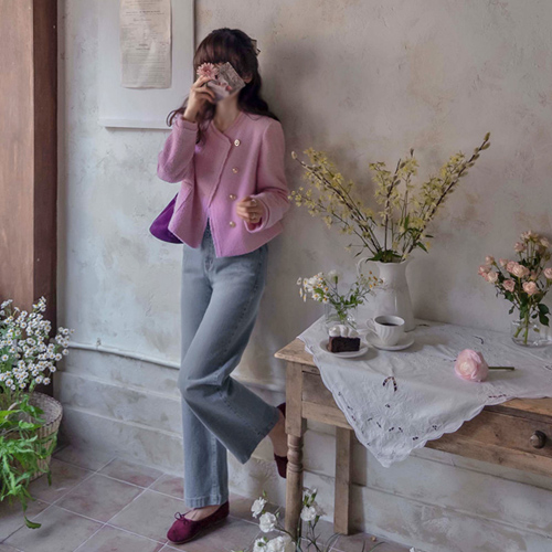 [ベスト特価3千ウォン割引] <FONT color=#5a3954>MADE LIN</font>ダイアナ ツイード ゴールドボタン 華やかな春エッジジャケット[size:F(55～66)]