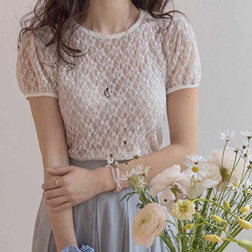 [チャッツスパン♥][LABEL] ラフィネチューリップパフフラワー レースティーシャツ[size:F(55～66)]