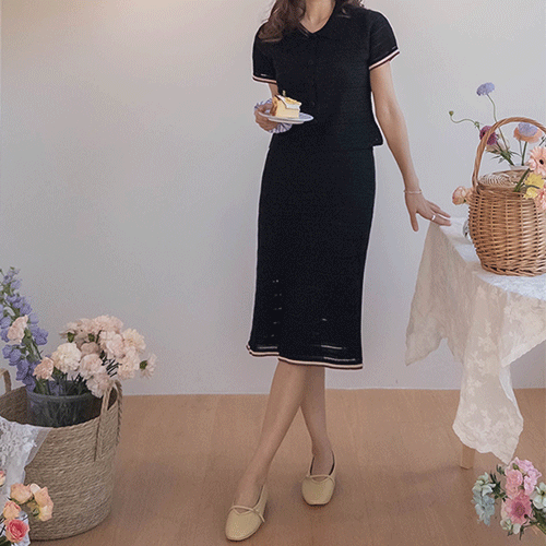 [LABEL][セット] アンスリーカラーボタン スカッシュニット+裾配色 スカートセット [size:F(55～66)]