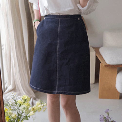 <FONT color=#5a3954>MADE LIN</font>ドミュアステッチ デニム A ラインスカート [size:S,M]
