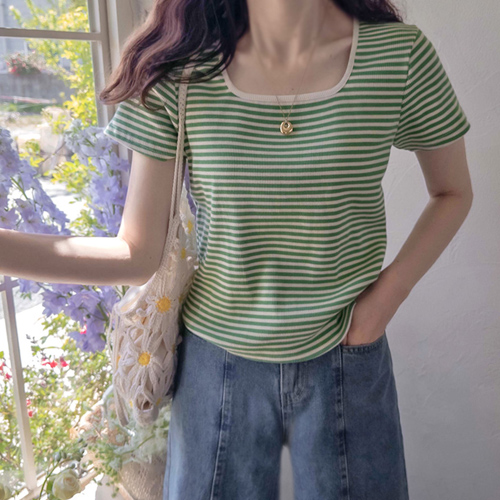 [LABEL] カウドスクエアネック 爽やかなダンガラ エリフィット コーデュロイTシャツ [size:F(55～66)]