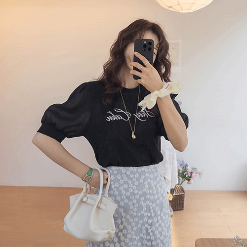 [テンセル80%][LABEL]セリアシースルー袖パールポイントティーシャツ[size:F(55～66)]