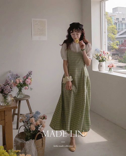 [ベスト特価1万1千ウォン割引] <FONT color=#5a3954>MADE LIN</font>モネルスプリングチェック 袖なしワンピース[size:F(55～66)]