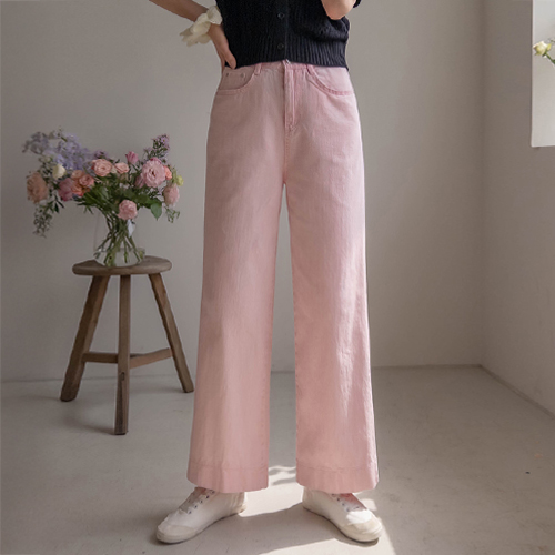 [リネン含有] [ピグメントウォッシング]ピンクブラッシャー爽やかパステルストレートワイドフィットパンツ[size:S,M,L]