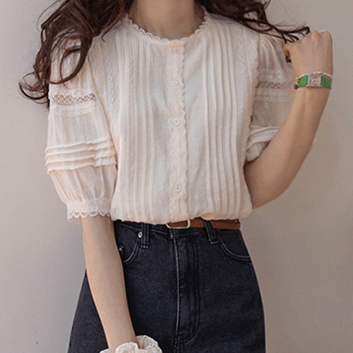 [テンセル含有][LABEL] ルエラピンタックシャーリング フリルレースブラウス [size:F(55～66)]
