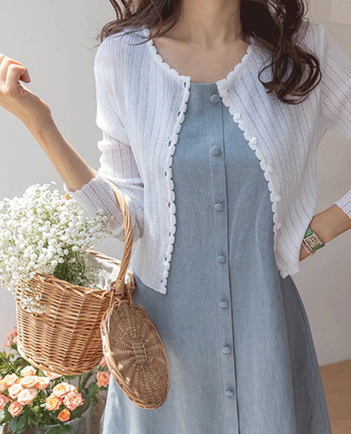 【逃したら終わり！ 26%特価 50枚限定][LABEL] エルブハートボタン ゴルジ サマー雨針 カーディガン[size:F(55～66)]
