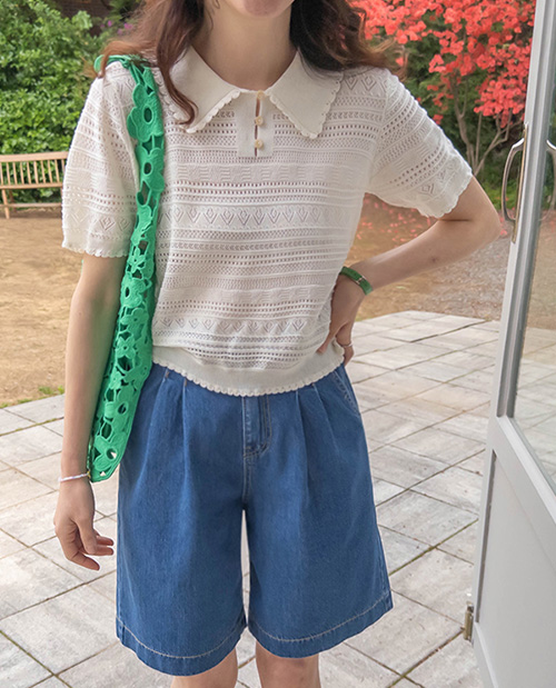 [LABEL]アルペパンチングテクスチャボタン カラー半そで夏ニット [size:F(55～66)]