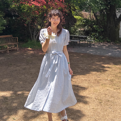 [ベスト特価6千ウォン割引] <FONT color=#5a3954>MADE</font> LINマイリンレースストライプワンピース[size:S(55～66)]
