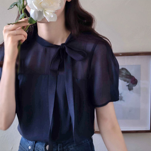 [LABEL] アンロイツラブリーなチューリップ袖リボンテンセルブラウス [size:S(55),M(66),L(77)]