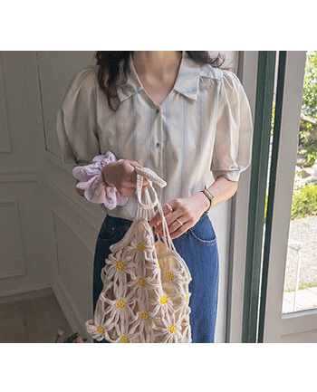 メンダーリン 銀銀配色 エリフィット パフ ブラウス [size:F(55～66)]