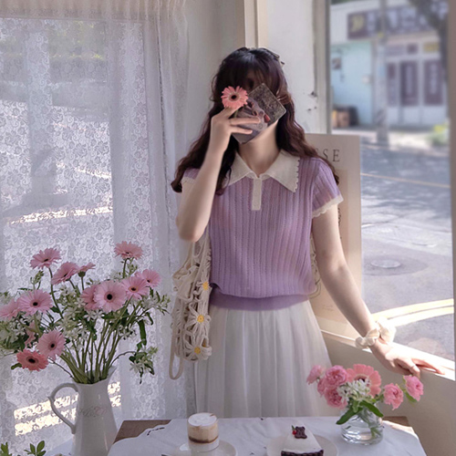 [ダーク♥13%セール][LABEL] クロップルサマーパンチング チャールフィット 波状カラークーリングニット [size:F(55～66)]
