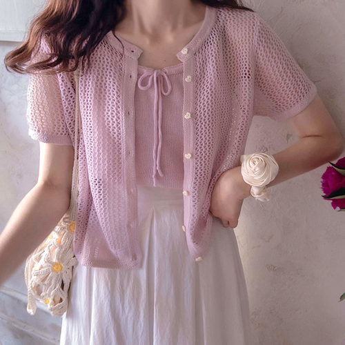 [ニットセット][LABEL]フランツビーサマーメッシュラブリーハートボタンセットニット[size:F(55～66)]