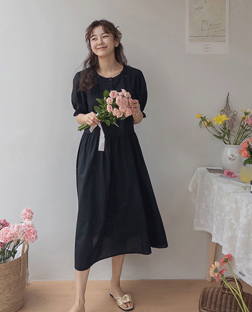 [LABEL] エイリンシースルーレース パフ袖シャーリング ロングワンピース [size:F(55～66)]