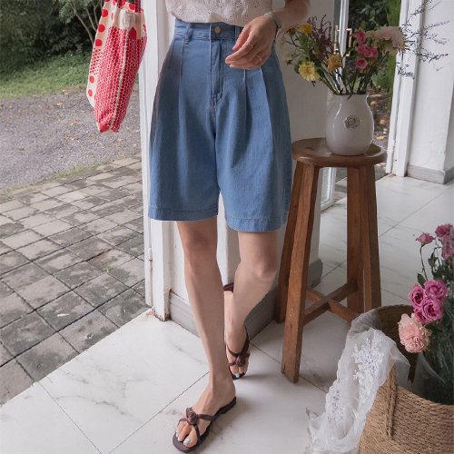 ユーズエル 清涼なムード ムーンシーン ツーピンタック ハーフデニムパンツ [size:S,M,L]