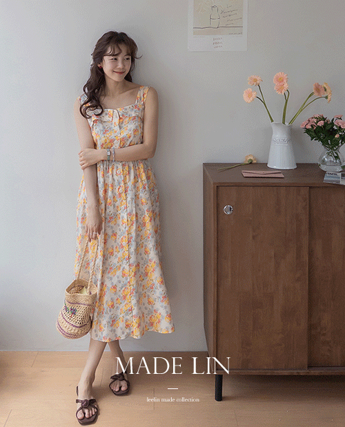 [ベスト特価8千ウォン割引] <FONT color=#5a3954>MADE LIN</font>ハゼル花柄スクエアネック 袖なしワンピース[size:F(55～66)]