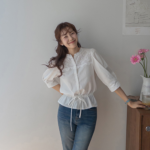 [アリー秋♥10％セール] [LABEL] マドリーロマンチックなフリルレースリボンストラップ7部ブラウス [size:F(55～66)]