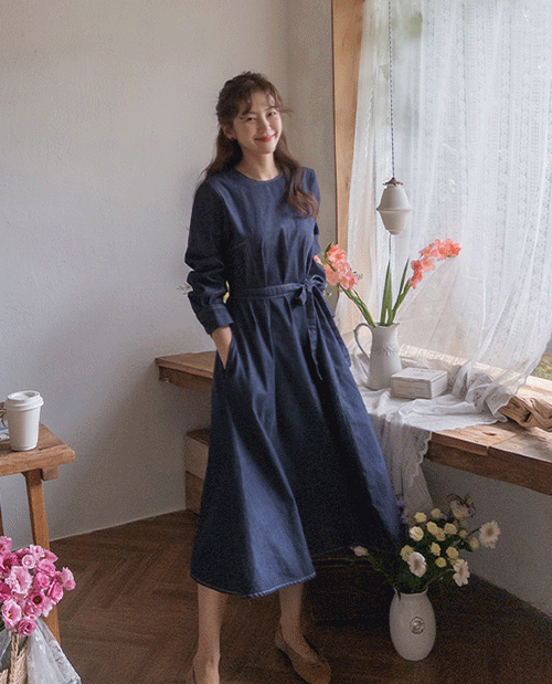 [LABEL] ソルベ 細身ステッチ ポイント ノンフェード デニム ワンピース [size:F(55～66)]