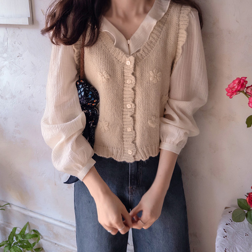 [LABEL] シュベニア ラブ波ネック 立体花ベストニット [size:F(55～66)]
