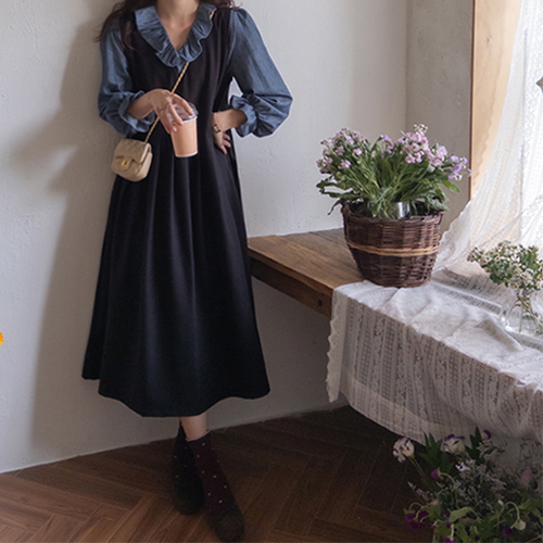 ポレットブイネック ゆとりあるプリッツワンピース [size:F(55～77)]