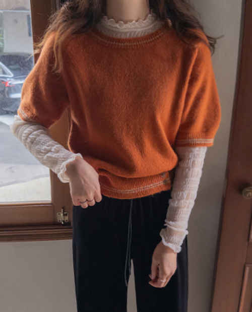 バイディ ふわふわのウルモヘアライン配色ボタンポイント 半そでニット [size:F(55～66)]