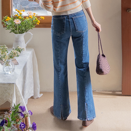 レチュイン チャッツスパン ピットアート 裏切開 ブーツカット デニムパンツ [size:S,M,L]