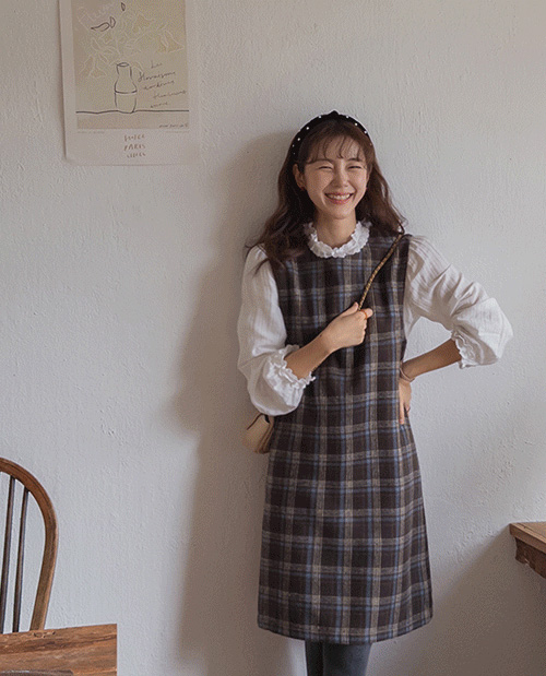 [冬のウールまでずっと～] モデレット体型カバーチェックパターン ウールミディワンピース [size:F(55～66)]