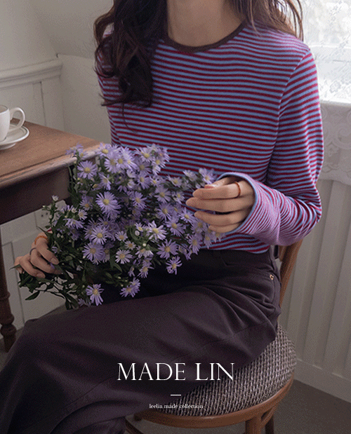 [ピッチ起毛][新賞特価6千ウォン割引] <FONT color=#5a3954>MADE LIN</font>ラビッドテリー配色ピッチ起毛ストライプティー[size:F(55～66)]