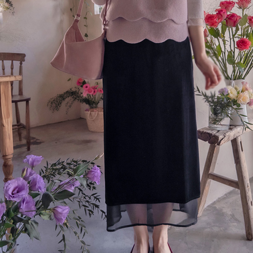 [ベスト特価4千ウォン割引] <FONT color=#5a3954>MADE LIN</font>カエルベルベット レイヤードバンディングスカート[size:F(55～66)]