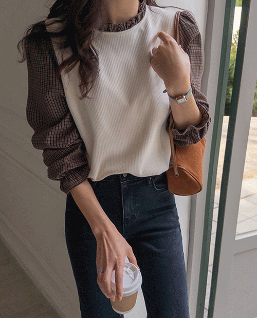 [ピッチ起毛]エッセンシャル チッツスパンチェック配色シャツレイヤードピッチ起毛ブラウス [size:F(55～66)]