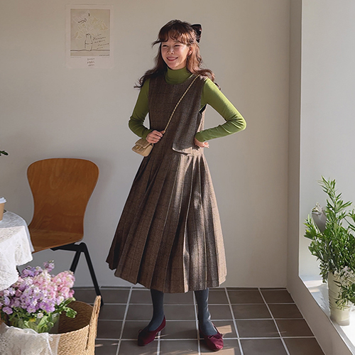 [LABEL] メルジン ザンザンチェック フェミニンムード プリッツ ワンピース [size:F(55～66)]