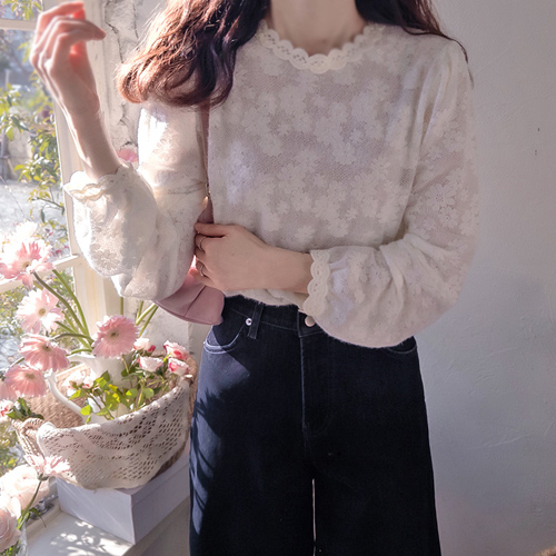 ロヴェル花 送り起毛 柔らかい板波ネック ブラウス [size:F(55～66)]