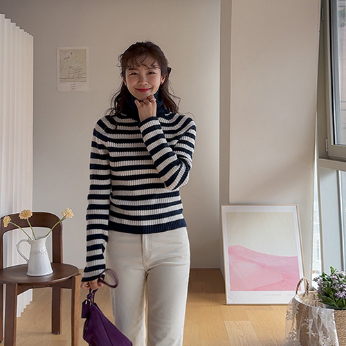 ベリン チャッチャテンション デイリーストライプ タートルネック ニット [size:F(55～66)]