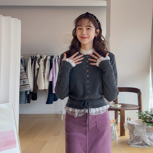 [チャコールカラー][ウールブランド]ライリー袖袖裾フリルポイントウエストストラップカーディガン[size:F(55～66)]