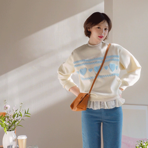 [LABEL] ルエル編みハート刺繍起毛マンツーマンティーシャツ [size:F(55～66盤)]