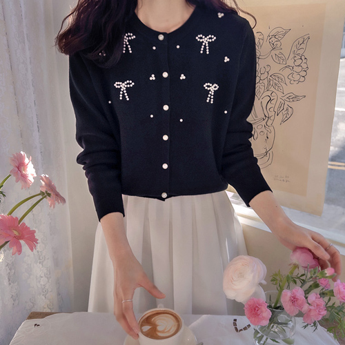 シューベイク リボン真珠 柔らかいスパン エレガントなカーディガン[size:F(55～66)]