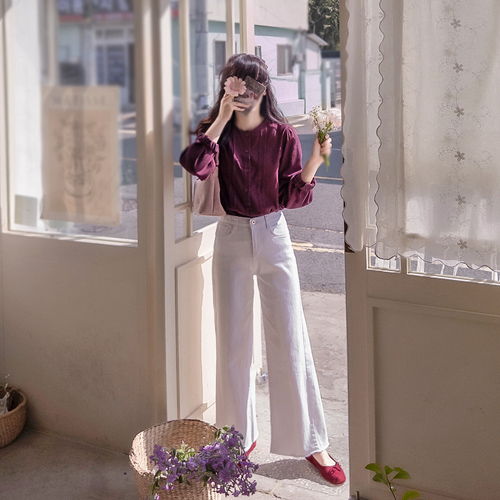 [新賞特価7千ウォン割引] <FONT color=#5a3954>MADE LIN</font>ムハール ピンタック フリル レース ブラウス [size:F(55～66)]