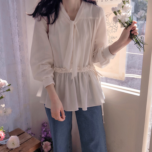 [新賞特価5千ウォン割引] <FONT color=#5a3954>MADE LIN</font>ブネストリング タイロングブラウス[size:F(55～66)]