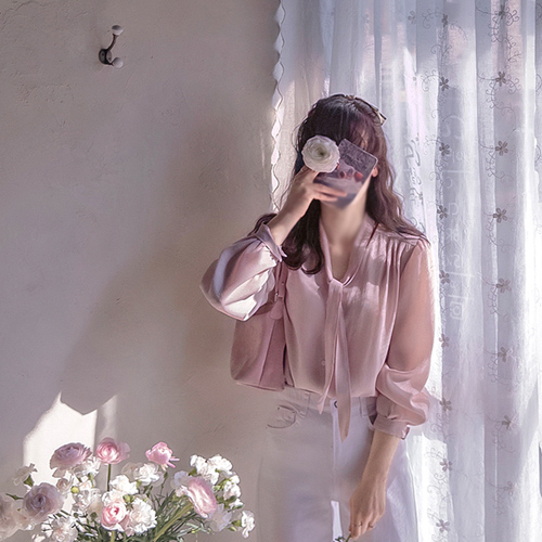 モーダル 春ロディアン タイ脱着 ショルダーシャーリング 高級美 ヨリ ブラウス [size:F(55～66)]