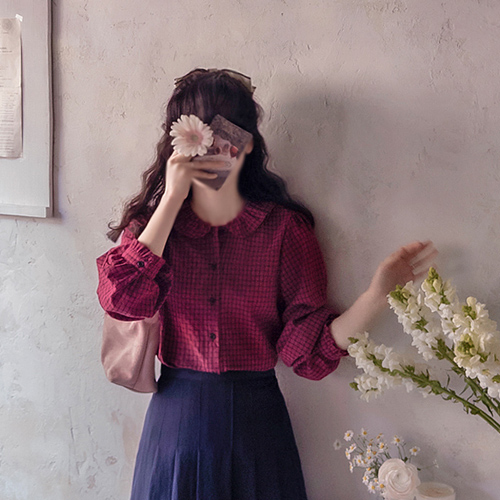 [新賞特価9千ウォン割引] <FONT color=#5a3954>MADE LIN</font>ジュリー＆ラブリー シャリンカラ 春チェック ブラウス[size:F(55～66)]