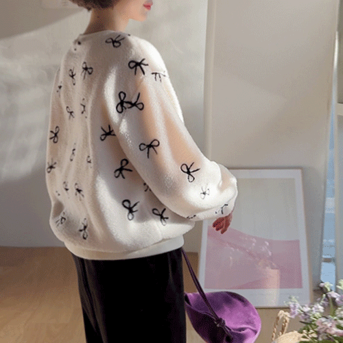 [LABEL] ポグンポグンレニア リボンパターン ウールレースポイントマンツーマンTシャツ [size:F(55～66盤)]