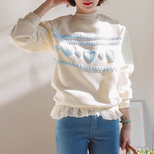 [LABEL] ルエル編みハート刺繍起毛マンツーマンティーシャツ [size:F(55～66盤)]