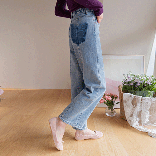 ヘリブ裏切開 ちっちゃ後ろバンディング クロップ切開 ストレートデニムパンツ [size:S,M,L,XL]