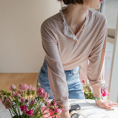 [LABEL] レイミネック レース ザンザン ストライプティーシャツ [size:F(55～66)]